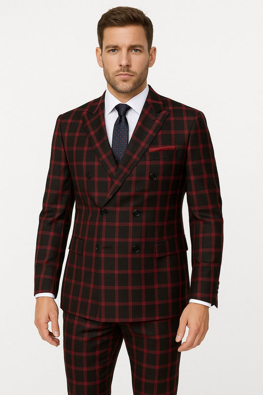 Mens Red and Black Plaid Double-Breasted Suit ƒ?? Slim Fit Checkered 2 Piece Formal Business Outfit