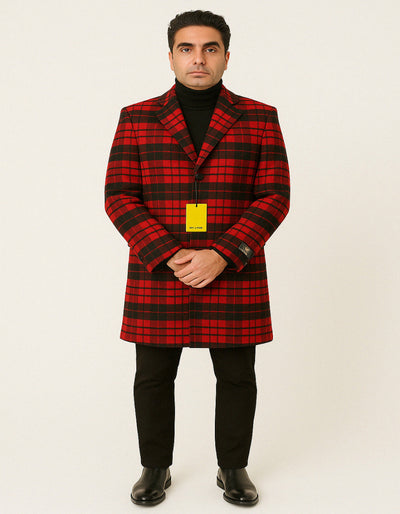 Mens Red and Black Plaid Wool Overcoat – Three Quarter Carcoat - Christmas Coat - Red Peacoat 1   - from alligatorwarehouse.com