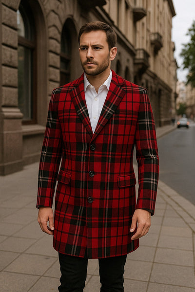 Mens Red and Black Plaid Wool Overcoat with Notch Lapel 3   - from alligatorwarehouse.com