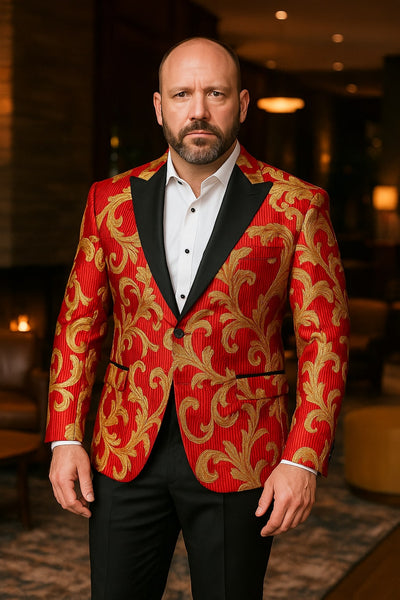 Mens Red and Gold Embroidered Tuxedo Blazer – Baroque Style One Button Dinner Jacket with Black Satin Lapel 4   - from alligatorwarehouse.com