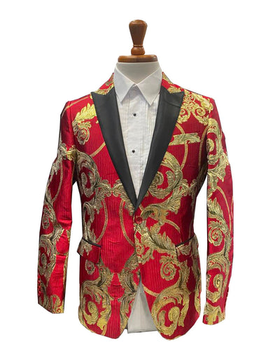 Mens Red and Gold Embroidered Tuxedo Blazer – Baroque Style One Button Dinner Jacket with Black Satin Lapel 3   - from alligatorwarehouse.com