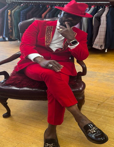 Red and Gold Tuxedo - Velvet Fabric Suit (Prom Velvet Blazer With Velvet Pants) 1   - from alligatorwarehouse.com