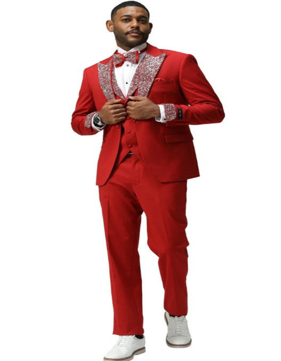 Red and Silver Prom Tuxedo - Perfect Wedding Suit Vested rhinestone Lapelled
