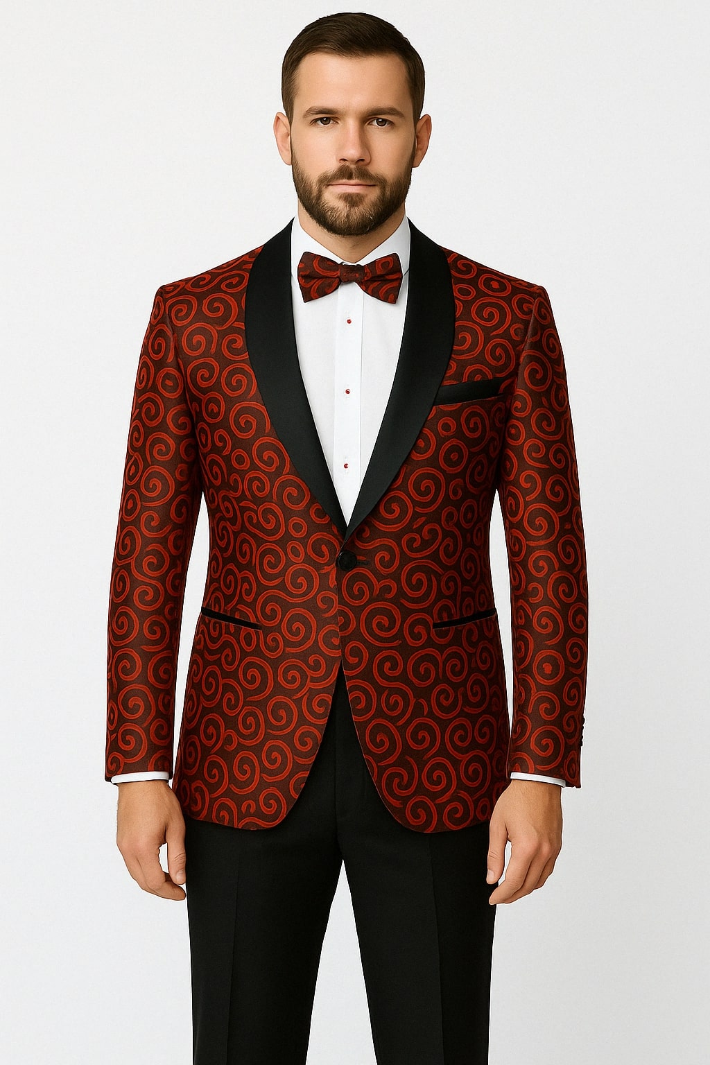 Red and Black Tuxedo Suit – Mens Formal Blazer with Satin Shawl Lapel