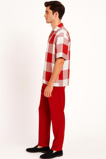 Mens Red and White Checkered Short Sleeve Shirt Set – Casual Two-Piece Summer Outfit