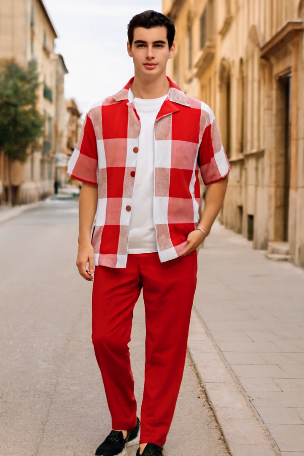 Mens Red and White Checkered Short Sleeve Shirt Set – Casual Two-Piece Summer Outfit