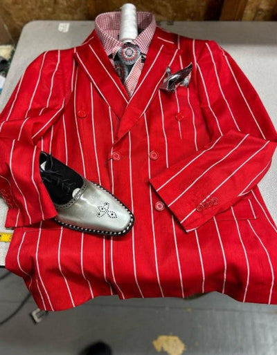 Mens Double Breasted Blazer Suit Jacket - Bold Pinstripe Sport Coat in Red and White Pinstripe 1   - from alligatorwarehouse.com