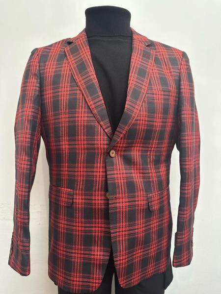 Red Tartan Blazer - Red Plaid Sport Coat - Two Button Mens Red Blazer