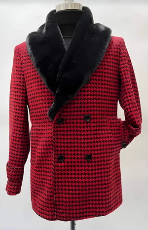 Mens Plaid Overcoat - Houndstooth Checker Pattern Red Topcoat With collar