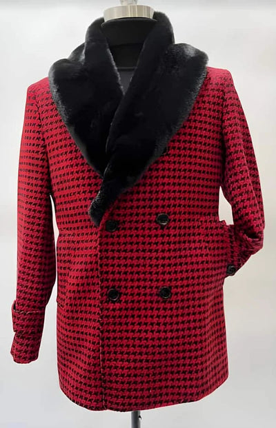 Mens Plaid Overcoat - Houndstooth Checker Pattern Red Topcoat With collar 1   - from alligatorwarehouse.com
