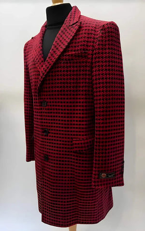 Mens Plaid Overcoat - Houndstooth Single Breasted Checker Pattern Red Topcoat