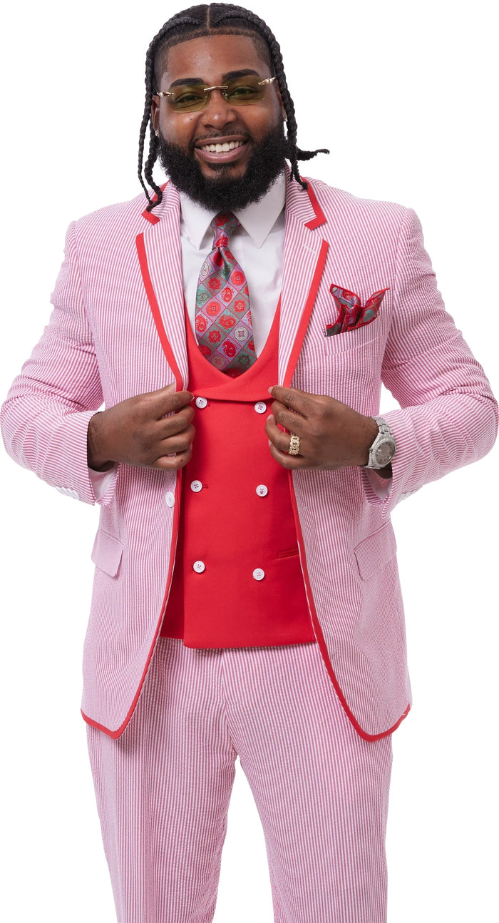 Mens Red Pinstripe Jacket + Pants Summer Seersucker Suit