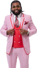 Mens Red Pinstripe Vested Summer Seersucker Suit