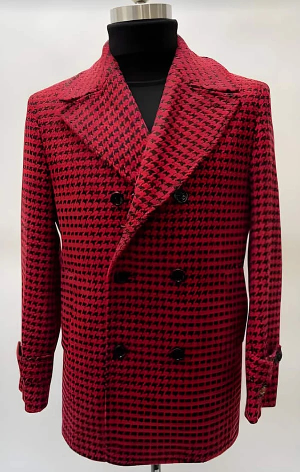 Mens Plaid Overcoat - Houndstooth Double Breasted Checker Pattern Red Topcoat