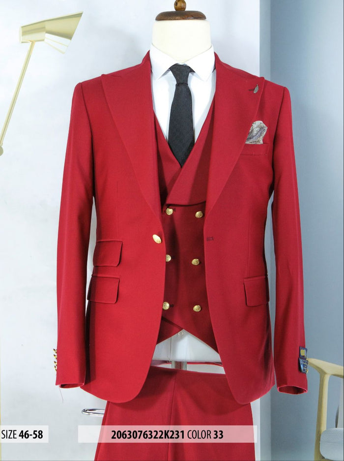 Ivory and Gold Button Wedding Suit - Off White Cream Peak Lapel with Double breasted Vest