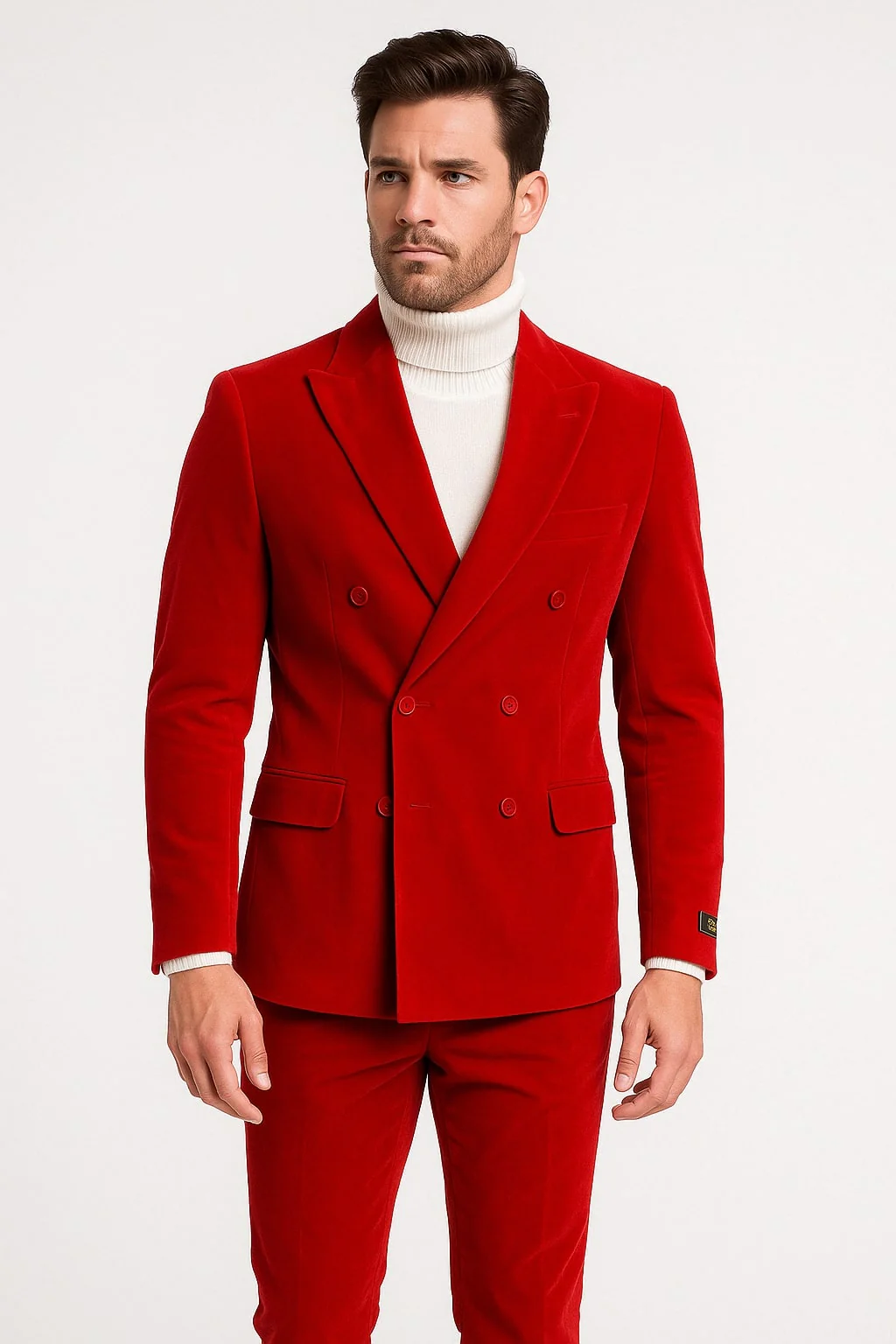 Mens Slim Fit Red Velvet Double Breasted Suits with Peak Lapel Formal Tuxedo Style Ultra Slim Fit
