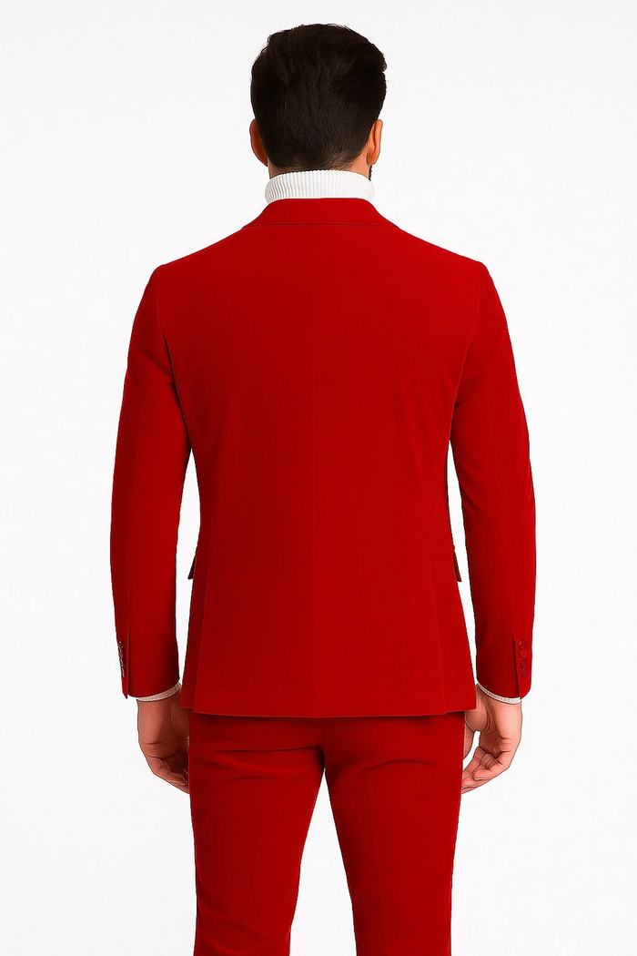 Mens Slim Fit Red Velvet Double Breasted Suits with Peak Lapel Formal Tuxedo Style Ultra Slim Fit