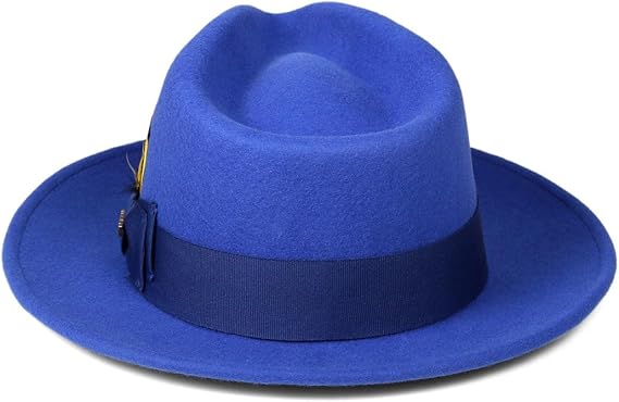 Gangster 100% Australian Wool Crushable Mens Fedora Hat - Removable Feather Gangster Royal Blue Mens Fedora Hat