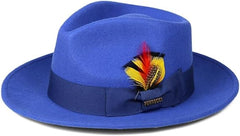 Gangster 100% Austrailian Wool Crushable Mens Fedora Hat - Removable Feather Gangster Royal Blue Mens Fedora Hat