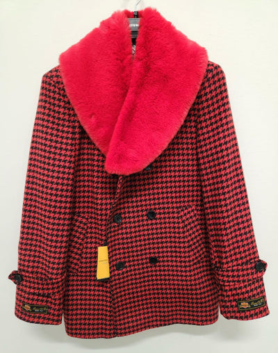 Men’s Red and Black Houndstooth Overcoat with Faux Fur Shawl Collar – Luxury Double-Breasted Winter Coat 6   - from alligatorwarehouse.com