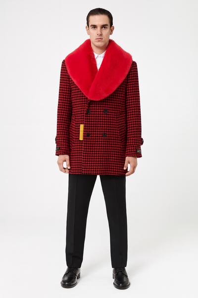 Men’s Red and Black Houndstooth Overcoat with Faux Fur Shawl Collar – Luxury Double-Breasted Winter Coat 1   - from alligatorwarehouse.com