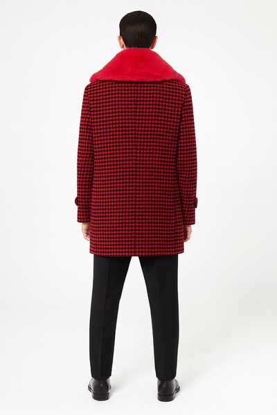 Men’s Red and Black Houndstooth Overcoat with Faux Fur Shawl Collar – Luxury Double-Breasted Winter Coat 2   - from alligatorwarehouse.com