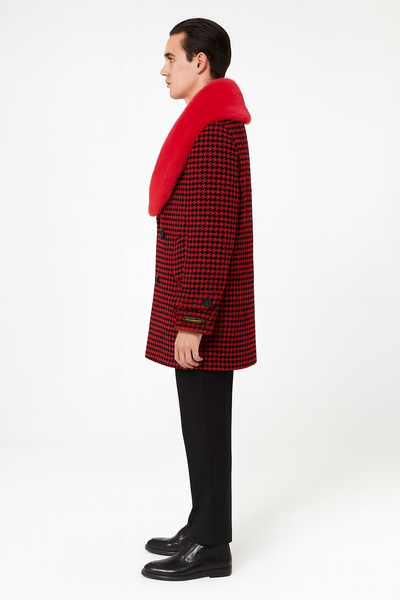 Men’s Red and Black Houndstooth Overcoat with Faux Fur Shawl Collar – Luxury Double-Breasted Winter Coat 3   - from alligatorwarehouse.com