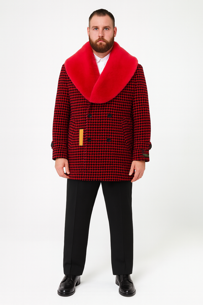 Men’s Red and Black Houndstooth Overcoat with Faux Fur Shawl Collar – Luxury Double-Breasted Winter Coat 4   - from alligatorwarehouse.com