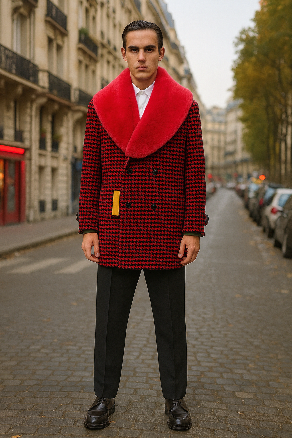 Men’s Red and Black Houndstooth Overcoat with Faux Fur Shawl Collar – Luxury Double-Breasted Winter Coat