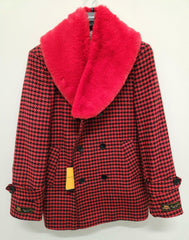 Men’s Red and Black Houndstooth Overcoat with Faux Fur Shawl Collar – Luxury Double-Breasted Winter Coat