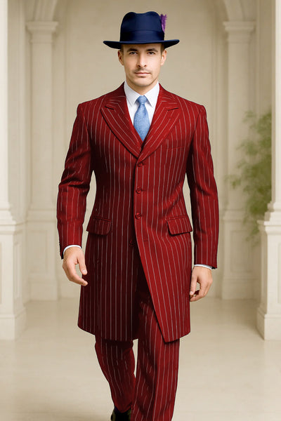 Mens Red Pinstripe Suit – Classic Long Coat Style with White Stripes 1   - from alligatorwarehouse.com