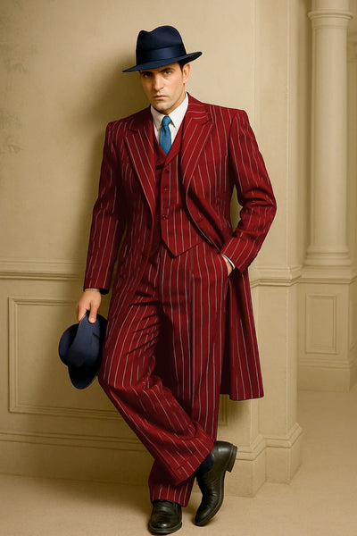 Mens Red Pinstripe Suit – Classic Long Coat Style with White Stripes 2   - from alligatorwarehouse.com