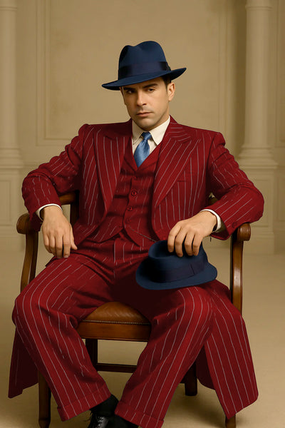 Mens Red Pinstripe Suit – Classic Long Coat Style with White Stripes 3   - from alligatorwarehouse.com