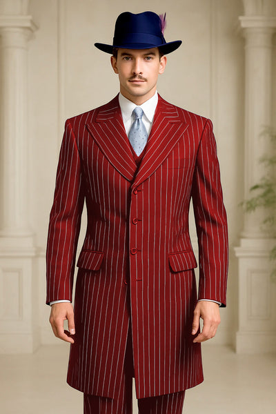 Mens Red Pinstripe Suit – Classic Long Coat Style with White Stripes 4   - from alligatorwarehouse.com