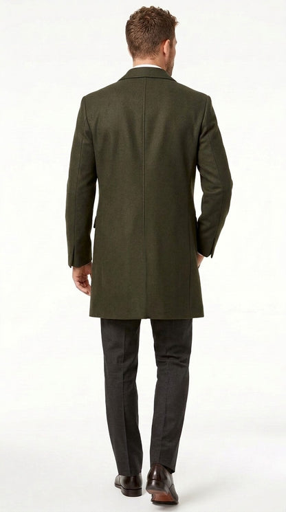 Men's Olive Green Wool Car Coat – Classic Mid-Length Three-Quarter Dress Overcoat for Men