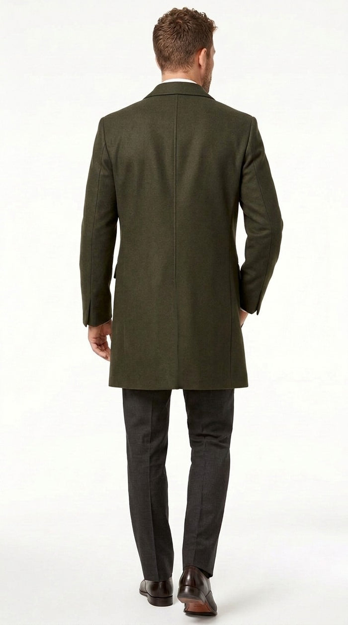 Men's Olive Green Wool Car Coat – Classic Mid-Length Three-Quarter Dress Overcoat for Men