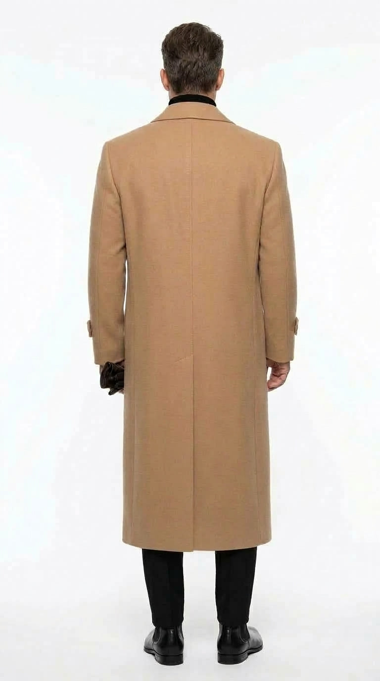 Men’s Camel Full Length All Weather Coat, 4 Button Duster Maxi Dress Coat