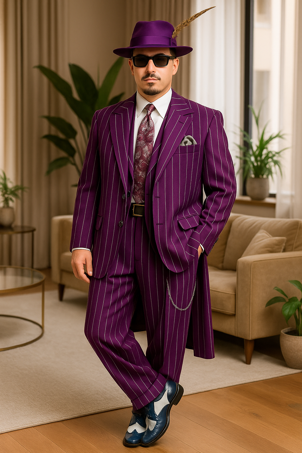 Purple Pinstripe Zoot Suit  3 Piece 1920s/1930s Gangster Outfit (Jacket and Pants and Vest)  Vintage Fashion 3   - from alligatorwarehouse.com