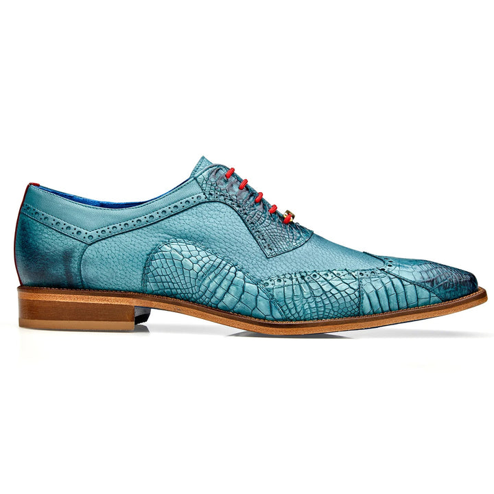 Men's Belvedere Roberto Calf & Alligator Wingtip Dress Shoe in Antique Aqua Blue