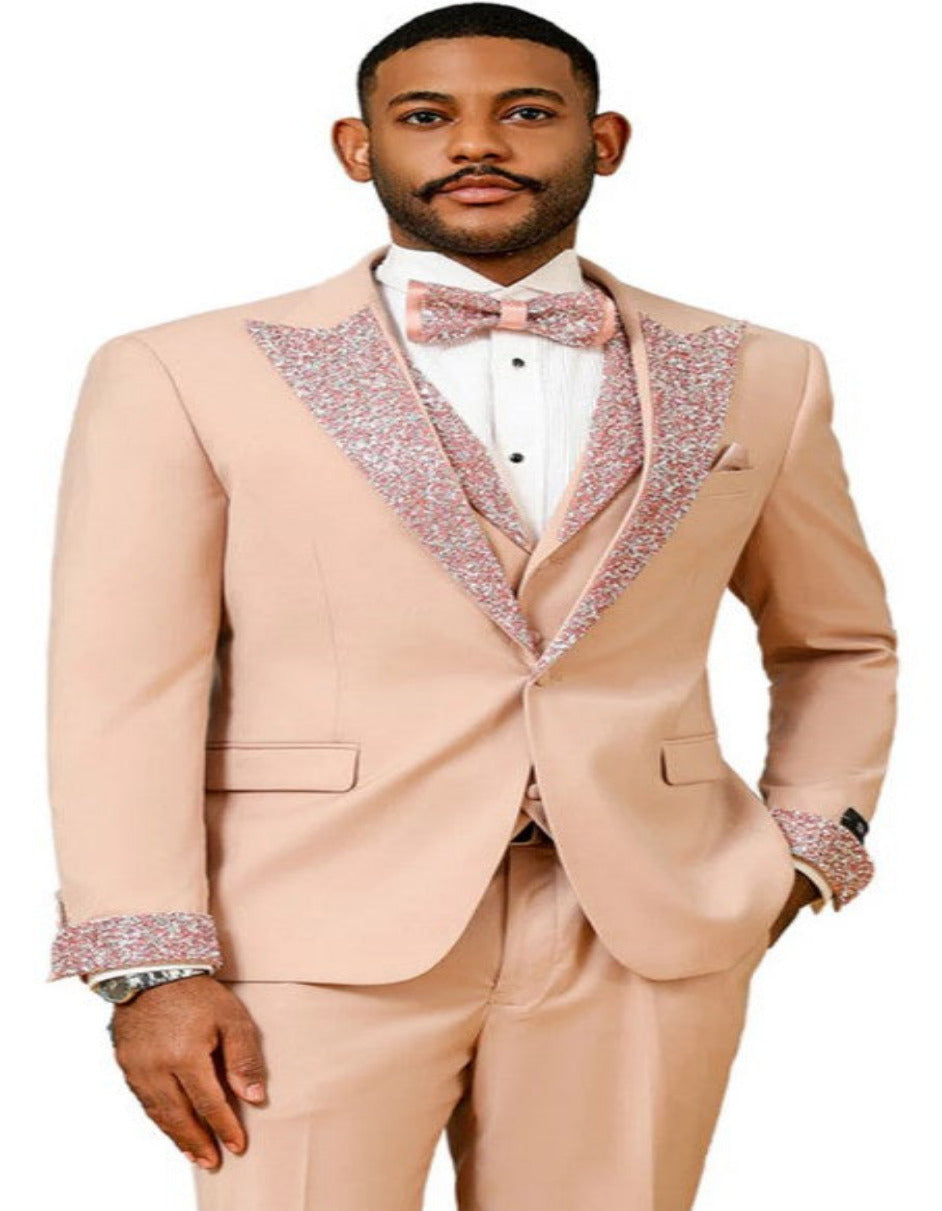 Rose Gold Prom Tuxedo - Perfect Wedding Suit Vested Rhinestone Lapelled