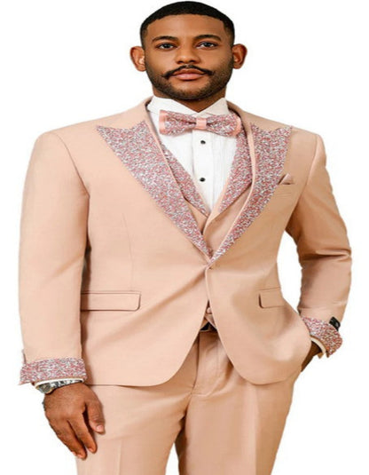 Rose Gold Prom Tuxedo - Perfect Wedding Suit Vested Rhinestone Lapelled