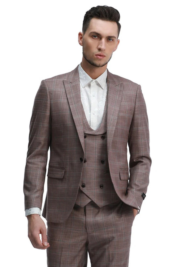 Cheap Suit - Men's One Button Fit Double Breasted Vest Rose Plaid Suit