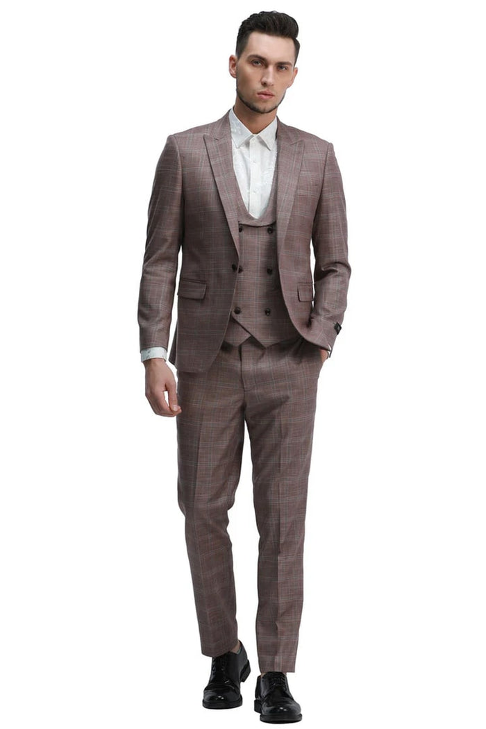 Cheap Suit - Men's One Button Fit Double Breasted Vest Rose Plaid Suit