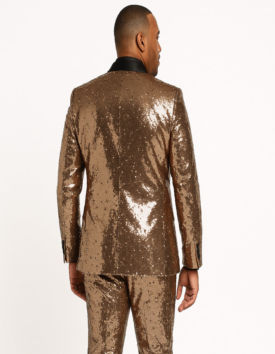 Men's Rose Gold Sequin Tuxedo Suit with Black Satin Lapel ƒ?? Luxury Slim Fit Blazer for Parties and Events