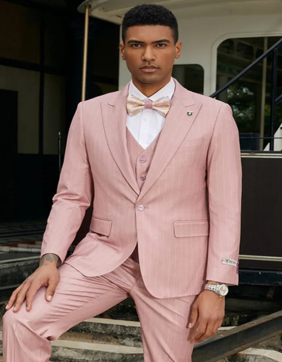 Men's Stacy Adam's One Button Vested Modern Suit in Rose Pink Pinstripe 1   - from alligatorwarehouse.com