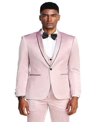 Men's Slim Fit Vested Shiny Satin Prom & Wedding Rose Pink Tuxedo Suit 2   - from alligatorwarehouse.com