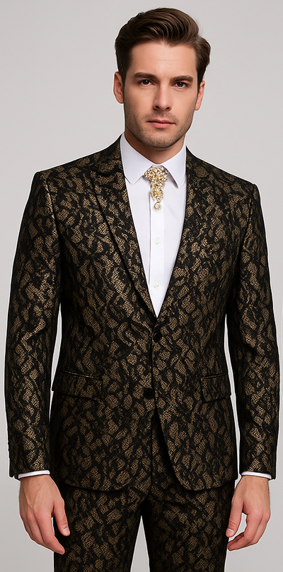Rossi Man LEO RM1901 – Gold & Black Designer Tuxedo for Men | Slim Fit 5   - from alligatorwarehouse.com