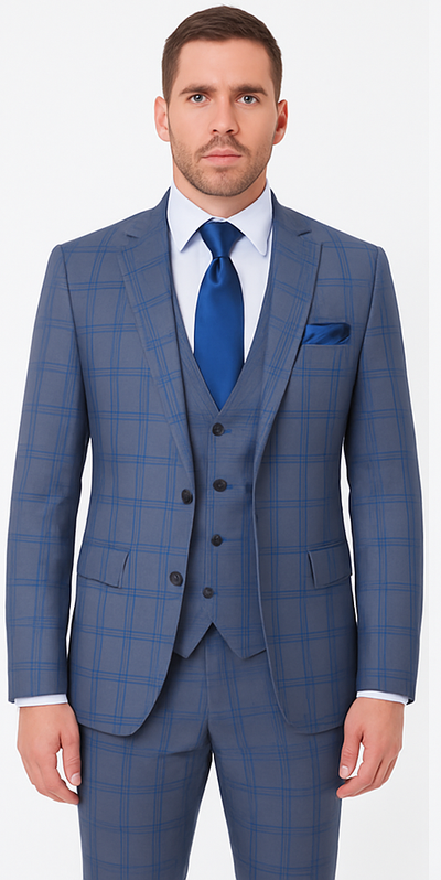 Rossi Man MAX RM1823 Slim Fit 3-Piece Blue Plaid Suit – Tailored for Weddings & Business 5   - from alligatorwarehouse.com
