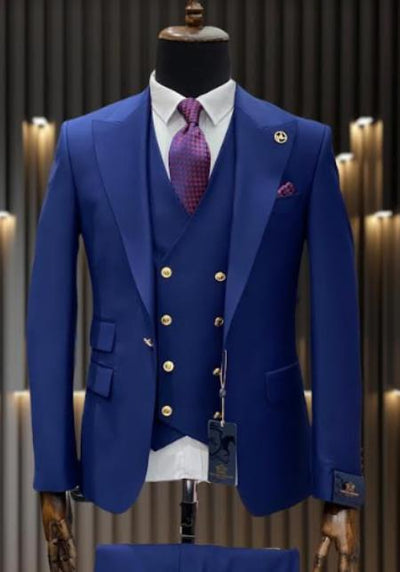 Rossiman Brand Royal Blue Suits - 1 Button Suit Peak Lapel Double Breasted Vest 1 54-L-jckt-JA58166  - from alligatorwarehouse.com