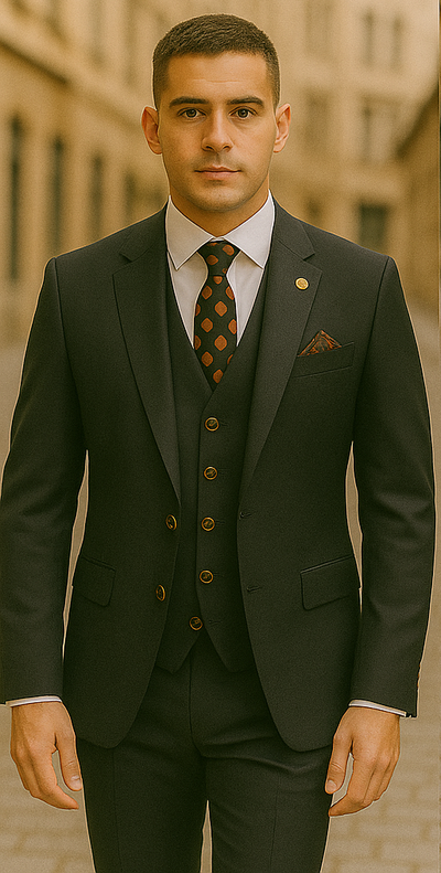 Rossiman Black Suit for Men – Classic 1-Button Peak Lapel Jacket & Double-Breasted Vest 1 SKU#58165  - from alligatorwarehouse.com